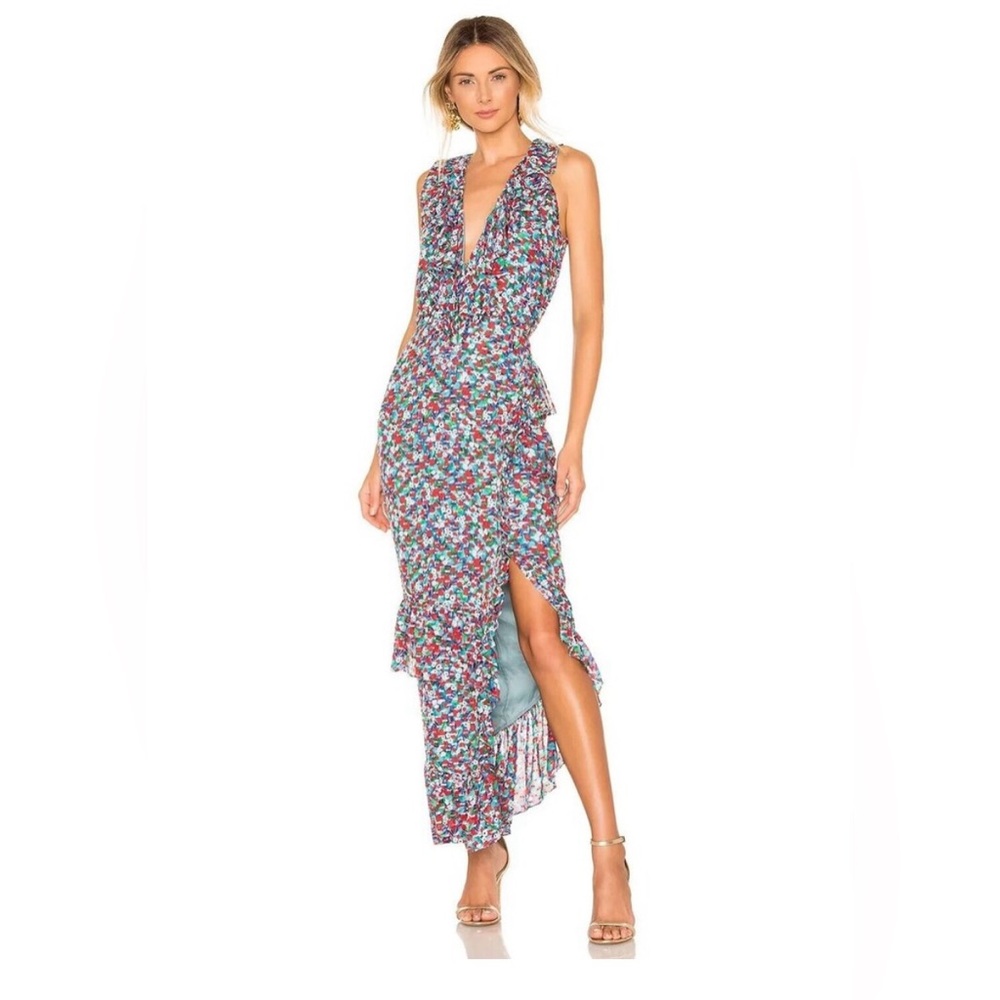 NWT SALONI Anita Multicolor High Low Ruffle Midi Dress US 4 $695 Blue Red White